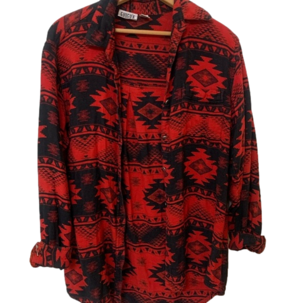 Chico's Red and Black Aztec Button Down Shirt
